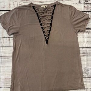 Express Lace-Up V-Neck Brown Tee